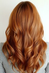 Fototapeta premium Back view of long wavy copper red hair with honey blonde highlights styled in loose curls, showing professional salon coloring and styling technique.