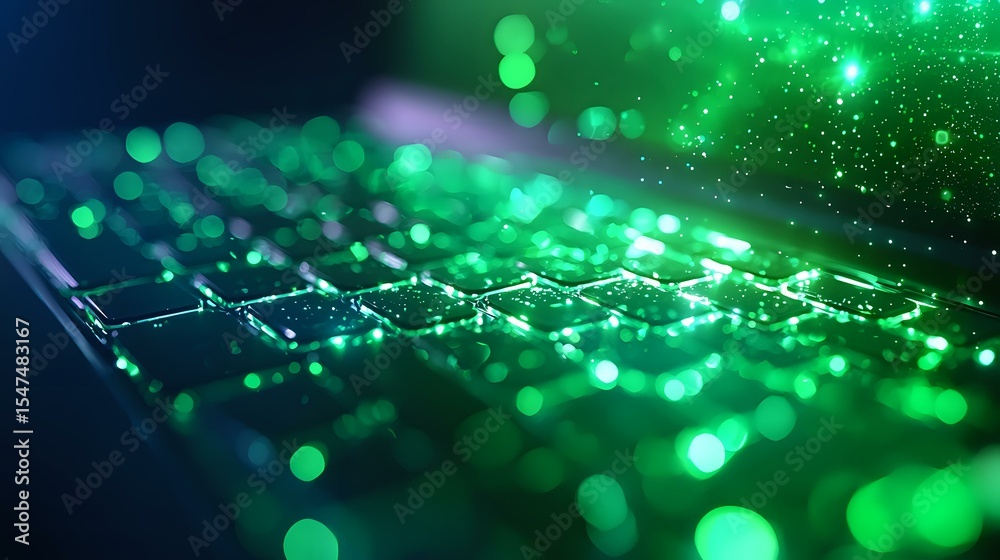 Poster illuminated computer keyboard with vibrant green bokeh lights and glowing particles creating magical