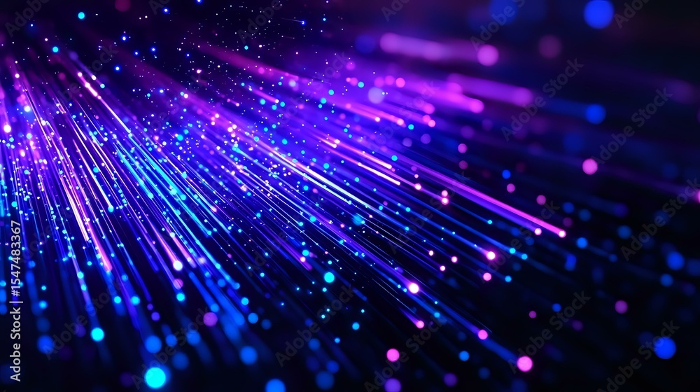 Poster glowing blue and purple light rays burst through dark space creating dynamic motion effect with boke