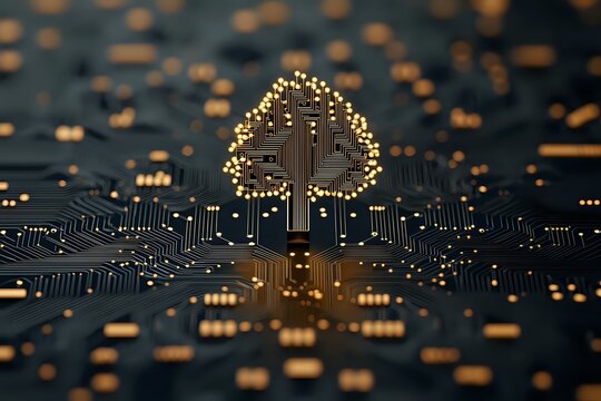 Glowing tree symbol on dark circuit board with golden light effects, representing green technology and sustainable digital innovation in computing systems.