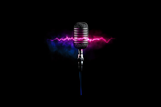 Vintage microphone silhouette on black background with colorful neon sound wave effect. Professional audio recording and music performance concept.