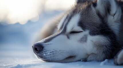 Naklejka premium Serene Siberian Husky Resting Peacefully on Snowy Surface Under Soft Sunlight