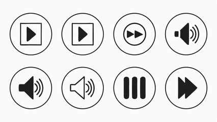 Media player and audio control icons set. Play, pause, fast forward, volume buttons. UI UX web and app design elements.