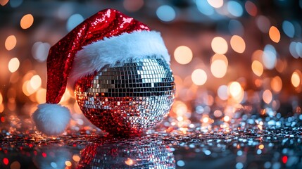 Festive Disco Ball with Santa Hat Amid Holiday Lights
