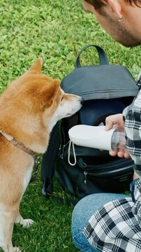Young man in plaid shirt giving water to his dog from a special bottle during outdoor walk summer park pet care hydration concept companionship	
