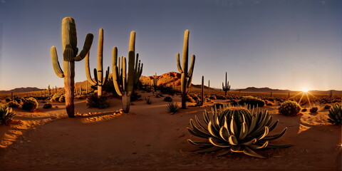 Desert, cactus, travel tour. Full 360 degrees seamless spherical panorama HDRI equirectangular projection. Texture environment map for lighting, reflection source rendering 3d scenes