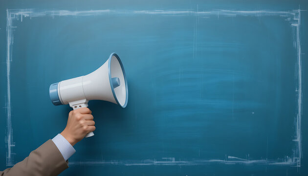 a megaphone on a blue background, a hand holding a megaphone with a background that appears to be connected to a digital or technological theme, 8K image