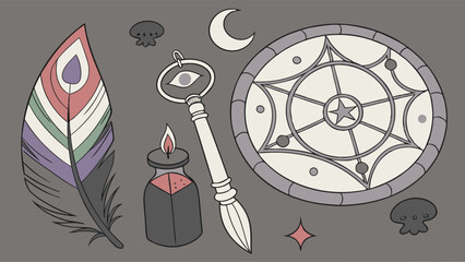 Mystical magic tools and witchcraft items flat lay. Fantasy collection with feather, key, moon, and symbols.