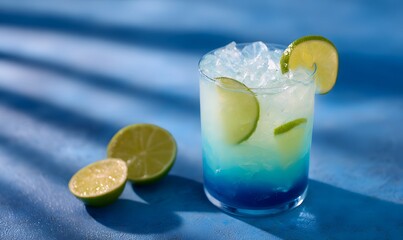 Fototapeta premium Blue Lagoon cocktail with lime and ice, blue gradient background, Generative AI