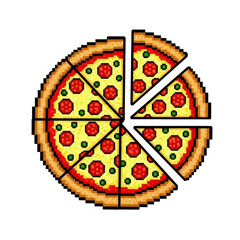 Pixel art pepperoni pizza with slices missing on transparent background PNG