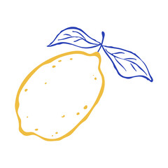 Flat vector illustration of single lemon with two leaves. Hand drawn line art italian style. Citrus tropical fruits. Use for print, logo