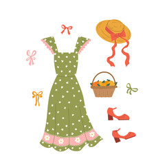 Isolated flat vector illustration of summer dress, hat, bows, shoes and fruits basket on white background. Rural lifestyle.