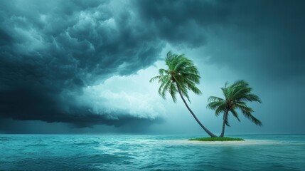 Summer storm brewing over a tropical island, with palm trees swaying against strong gusts of wind.