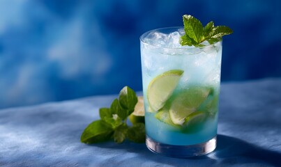 Fototapeta premium Blue Lagoon cocktail with lime and ice, blue gradient background, Generative AI