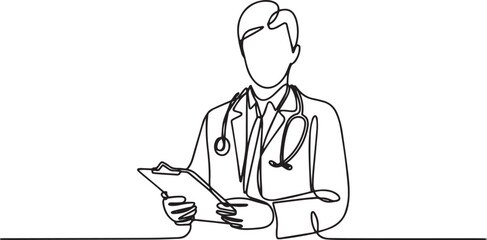 Fototapeta premium Continuous single line drawing of medical doctor holding clipboard with stethoscope, minimalist vector illustration in line art style