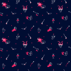 Halloween unusual seamless repeat pattern. Simple linear mystical surrealistic objects, outline icons. Thriller murder stories, horror movie paranormal tiny illustrations with eyes, tentacles, blood.
