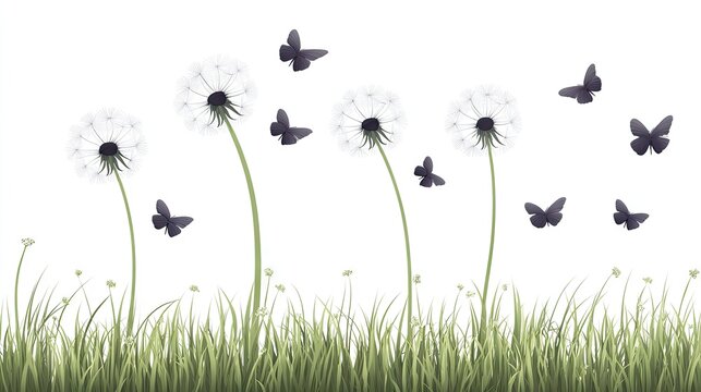 Fototapeta Dandelions and butterflies in a grassy field.
