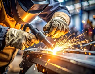 Skilled welder engaged in metalwork and sparks creation in industrial setting
