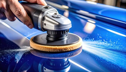 Precision car polishing: close-up of hand buffing shiny blue surface with polisher