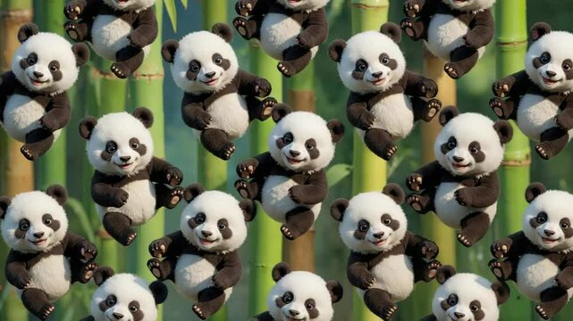 Seamless pattern of cute baby pandas playing and smiling amidst a vibrant green bamboo forest.