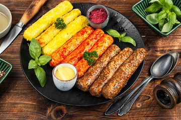 Fresh uncooked sausages on a plate.