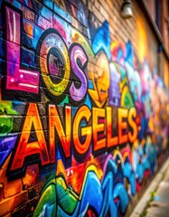 Naklejka premium Colorful los angeles street art graffiti on brick wall in urban alley