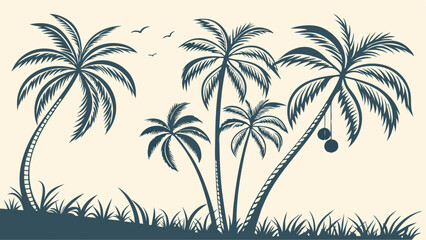 Tropical palm trees silhouette vector illustration. Summer vacation island beach background graphic design element.