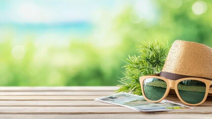 Summer financial plan laid out on a table with sunscreen, a hat, and a vacation brochure.