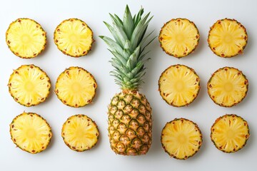 A sliced pineapple with one slice standing upright and the rest laid flat, arranged on a white background with bright, even lighting