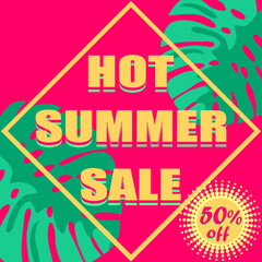 Badge or label typography offer for summer seasonal sale with monstera leaves