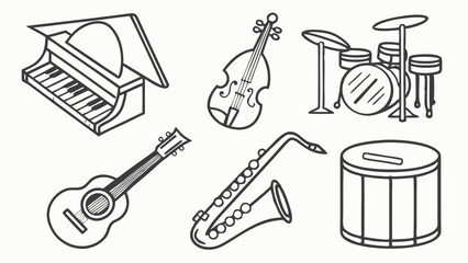Obraz premium Musical instruments collection line art. Piano, guitar, drums, violin, saxophone. Music, sound, melody, band, orchestra.