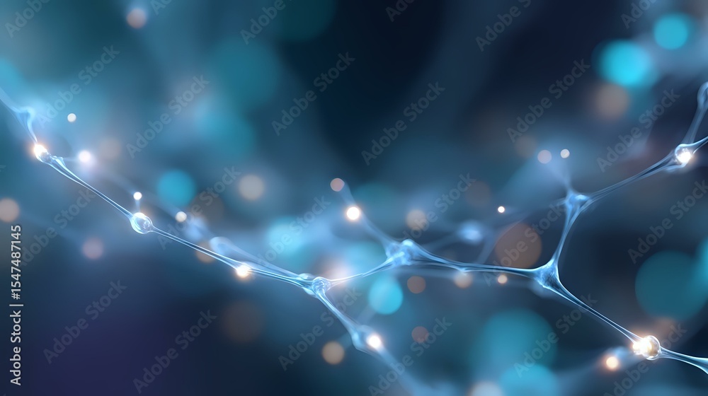 Poster glowing neural network connections on dark blue background with bokeh light effects and bright synap