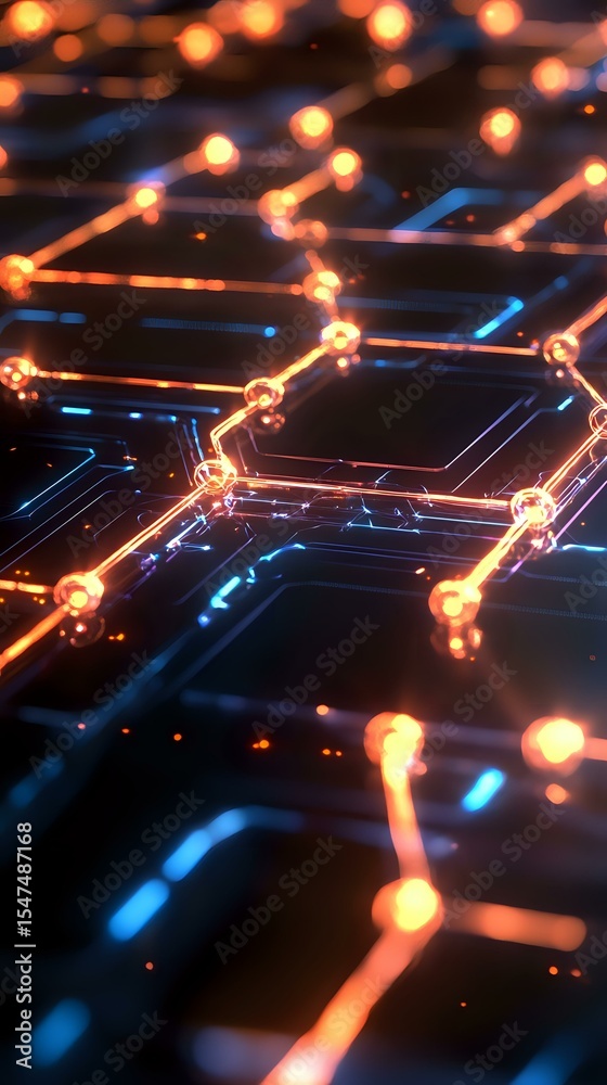 Poster glowing orange and blue hexagonal network pattern with connected nodes and light trails on dark back