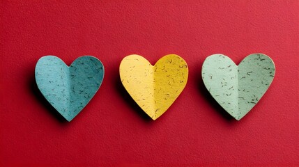 Obraz premium Three Colorful Paper Hearts on Red Background, love, valentine, valentines, valentine's day, craft