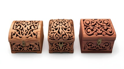 Three Ornate Wooden Boxes with Intricate Carvings, carved box, ornate box, decorative box, wooden treasure chest, carved chest