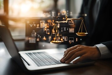 Digital Legal Realm: An elegant presentation of a laptop displaying legal icons and balance scales, portraying the convergence of law and technology in a modern workspace.