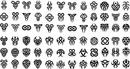 a collection of tribal designs. It features various tattoo-like symbols. The designs are in black.