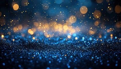 Obraz premium Abstract background with blue and gold bokeh lights and shimmering glitter particles