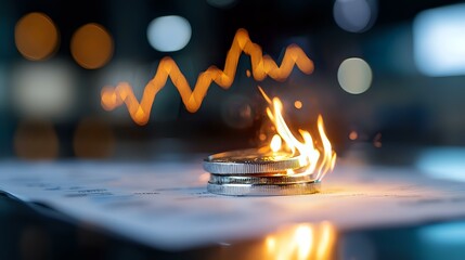 Burning stack of silver coins with glowing orange chart line rising above, dramatic lighting against dark blurred background. Financial concept for market volatility.