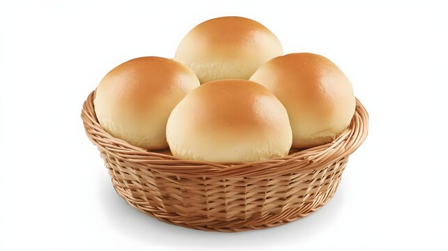 Four Golden Brown Bread Rolls in a Wicker Basket, baked goods, bakery, golden bread, food, baking - Powered by Adobe