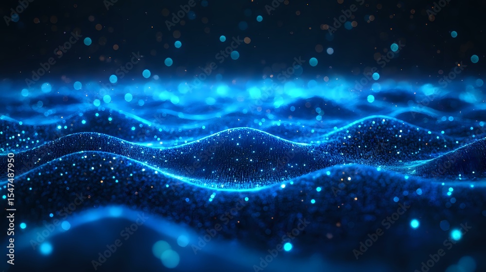 Poster glowing blue waves with particles and bokeh effects on dark background create futuristic technology 