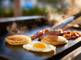 Griddle breakfast on Blackstone grill with eggs bacon and pancakes sizzling outdoors , Selective Focus