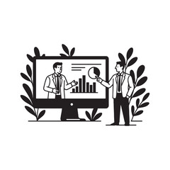Virtual Meeting Graphic Showing Businessmen Analyzing Pie And Bar Graph