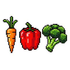 Pixel art vegetables: carrot, red bell pepper, and broccoli transparent PNG