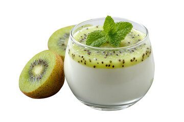 Kiwi Panna cotta with kiwi sauce in glass cup,for popular dessert, isolated on transparent background.