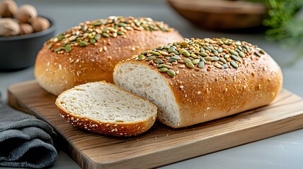 Naklejka premium Fresh baked whole grain bread loaves topped with pumpkin seeds on wooden cutting board, one sliced, showing soft texture inside. Food photography.