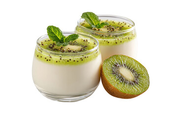 Kiwi Panna cotta with kiwi sauce in glass cup,for popular dessert, isolated on transparent background.
