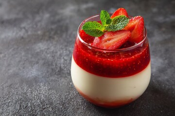Delicious strawberry Panna cotta with berry sauce in glass cup,for popular dessert.