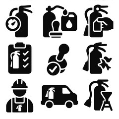 Fire Extinguisher Maintenance Icons. Solid vector icons of fire extinguisher maintenance: pressure check, refill canister, replace