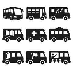 Bus Types Icons. Solid vector icons of bus types by purpose: tour bus, prison transport bus, party bus, mobile library bus,